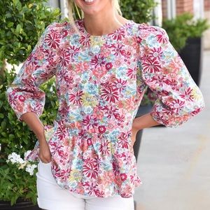 Sugar+L!ps Flirty‎  Flower Power Balloon Sleeve Peplum Top Size XS